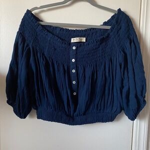 We The Free Womens Small Navy Blue Off Shoulder Button Down Blouse Top